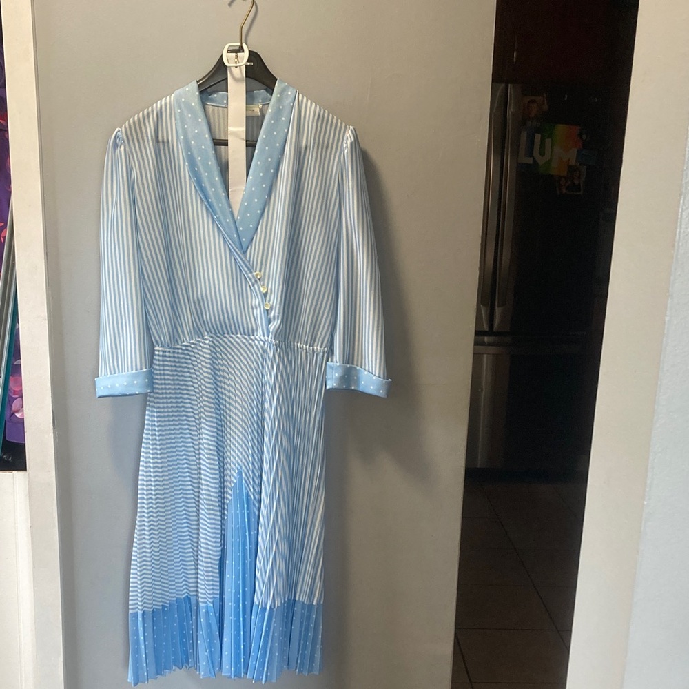 SKu#25 Light Blue Striped Midi Dress with Polka Dot Trim